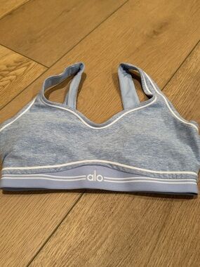 ALO Yoga Light Blue Heather Sports Bra with White Trim